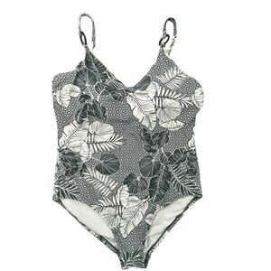 Kona Sol Women's Size L Green White Tropical Leaf Print One Piece Swimsuit, Lg